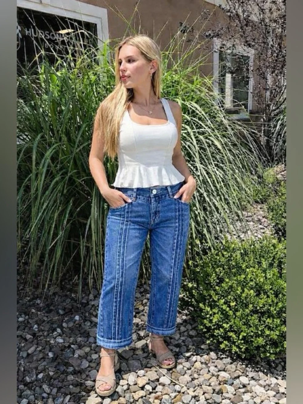 Wash Pleated High Rise Straight Leg Crop Jeans Without Belt 2XL FG30-22